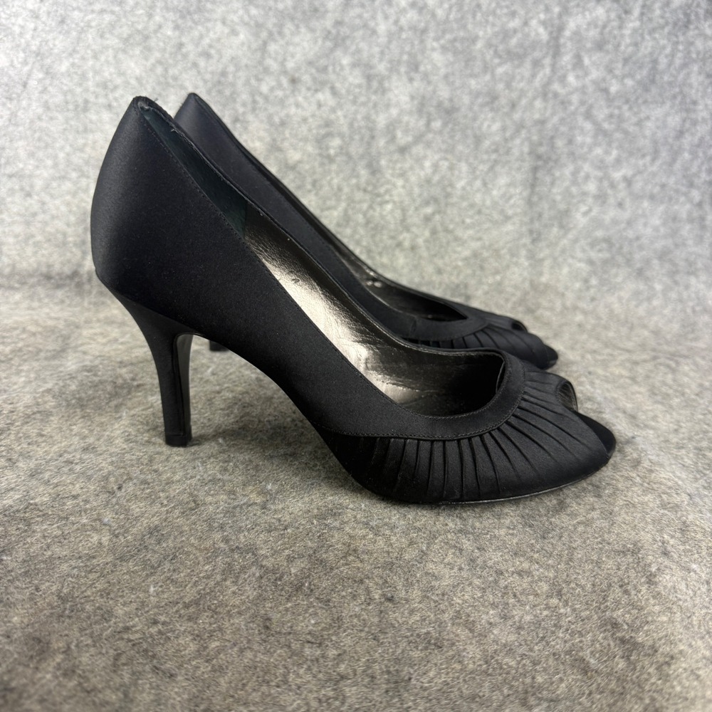 Nina Black Satin Peep Toe Pleated Pumps Heels Size 7M EUR 37 Formal Evening